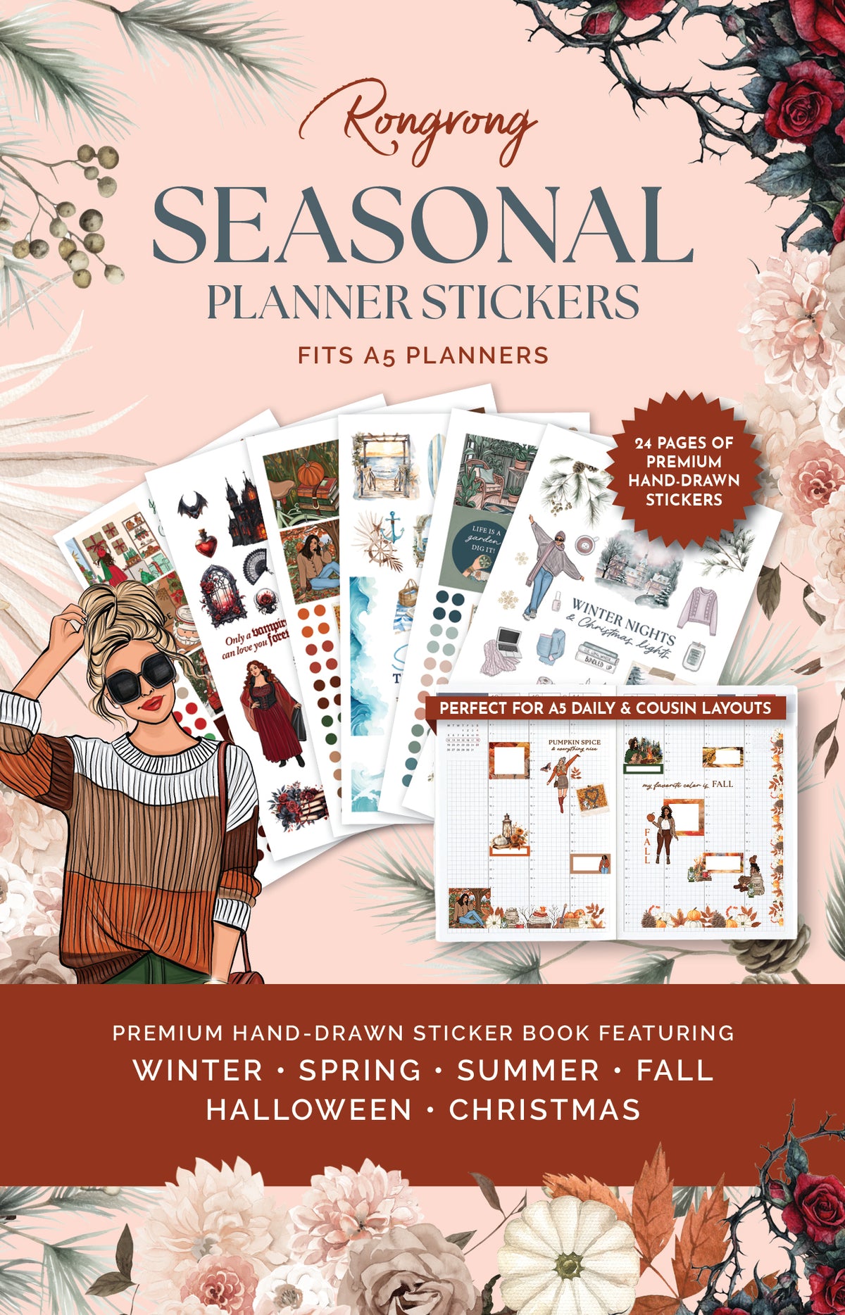 Cover image for Rongrong Seasonal Planner Stickers featuring hand-drawn seasonal sticker pages for winter, spring, summer, fall, Halloween, and Christmas designed for A5 planners and journals.