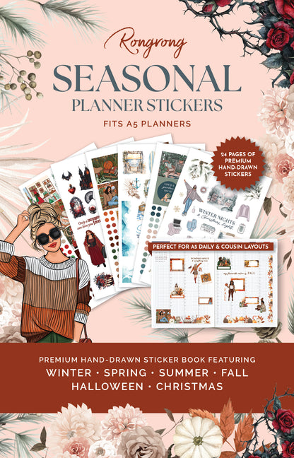 Cover image for Rongrong Seasonal Planner Stickers featuring hand-drawn seasonal sticker pages for winter, spring, summer, fall, Halloween, and Christmas designed for A5 planners and journals.