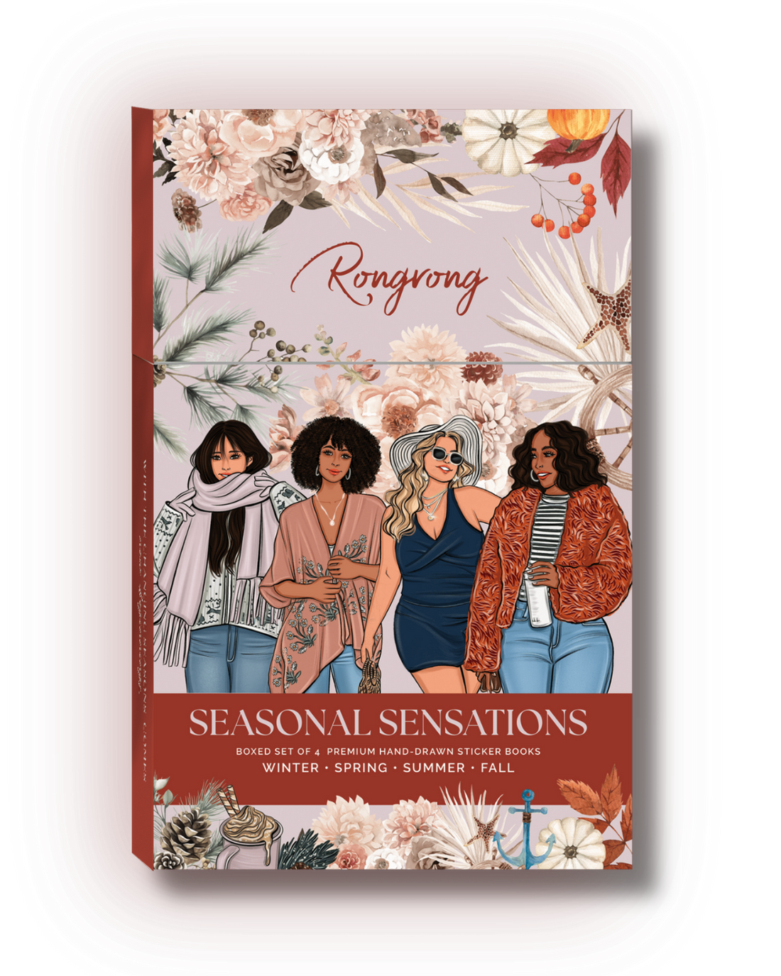 Sticker book cover with illustrations of four women and floral designs, featuring the brand &