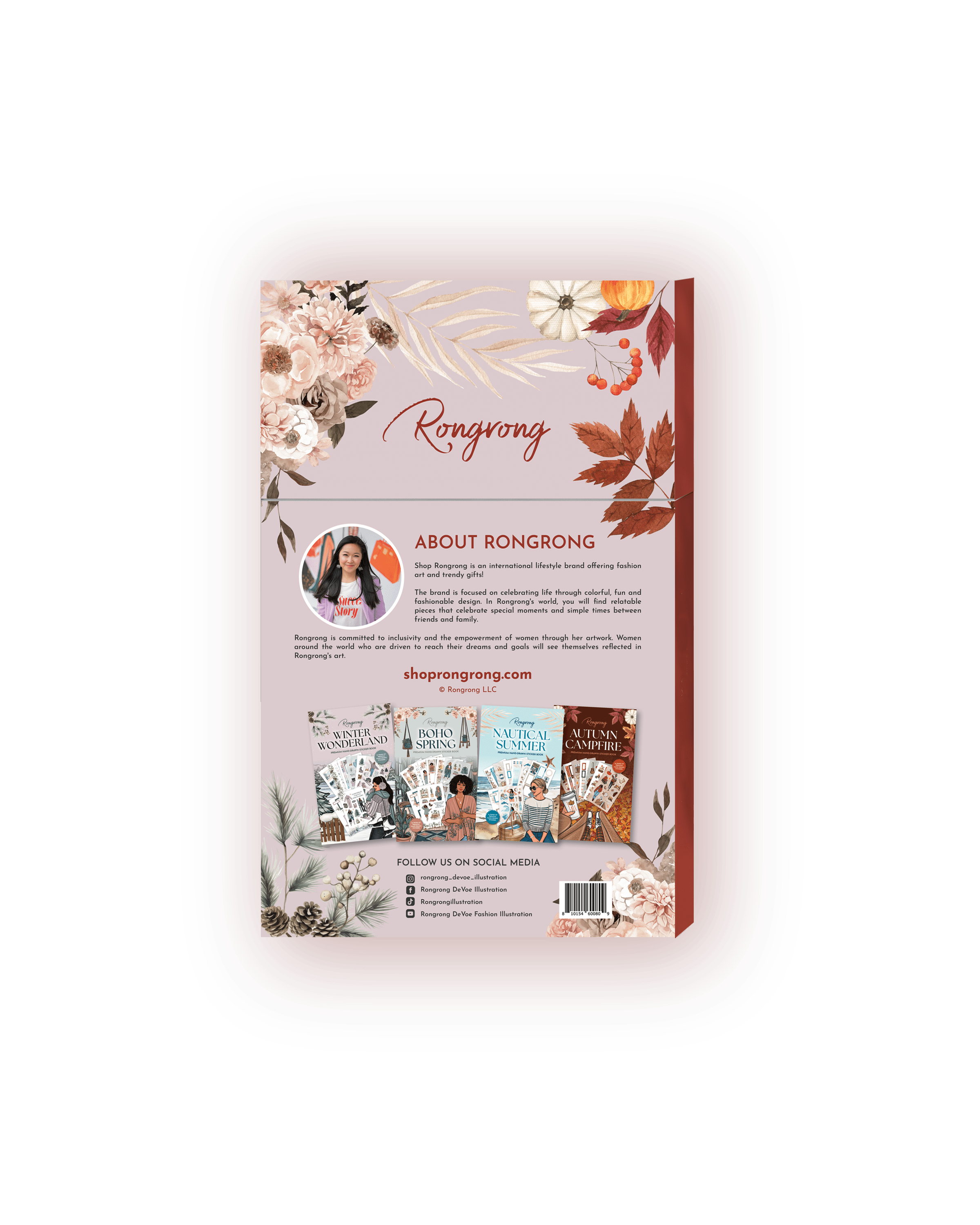 Back cover of a book with floral designs and text about Rongrong on a white background