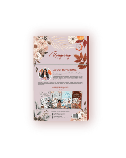 Back cover of a book with floral designs and text about Rongrong on a white background