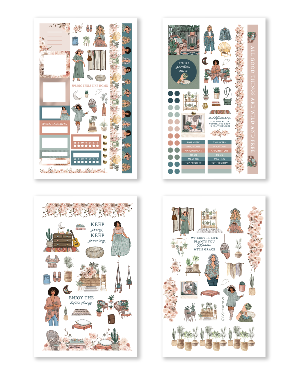 Soft spring-themed planner stickers featuring botanical illustrations, florals, indoor plants, cozy home decor, pastel fashion illustrations, and decorative spring planner elements.