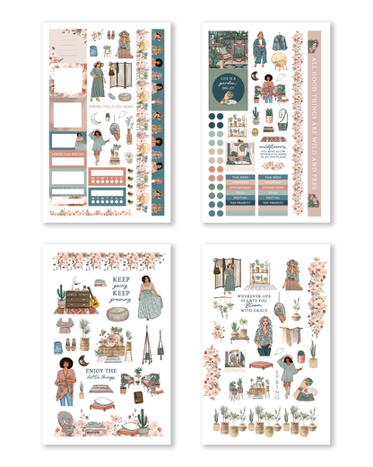 Soft spring-themed planner stickers featuring botanical illustrations, florals, indoor plants, cozy home decor, pastel fashion illustrations, and decorative spring planner elements.