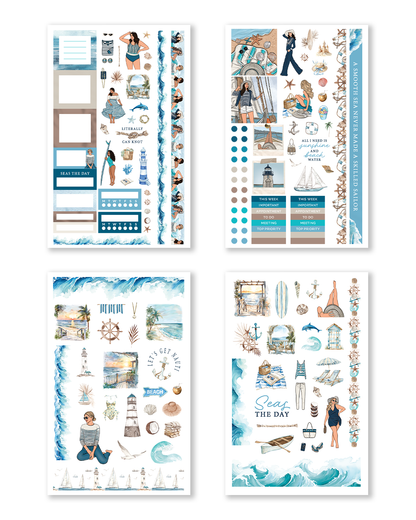 Beach-inspired summer planner stickers featuring ocean waves, nautical decor, swimsuits, lighthouses, sailboats, seaside fashion illustrations, and coastal planner accessories.