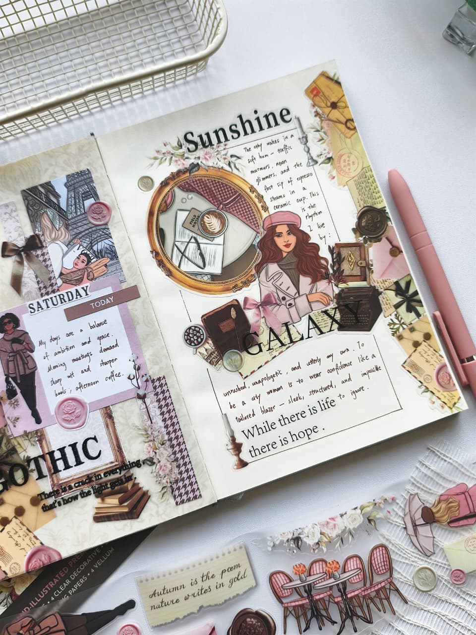 Elegant journal page featuring a stylish woman in a pink beret, vintage books, stationery, coffee-themed accents, ornate frame details, handwritten journaling, and Paris-inspired decorative elements.