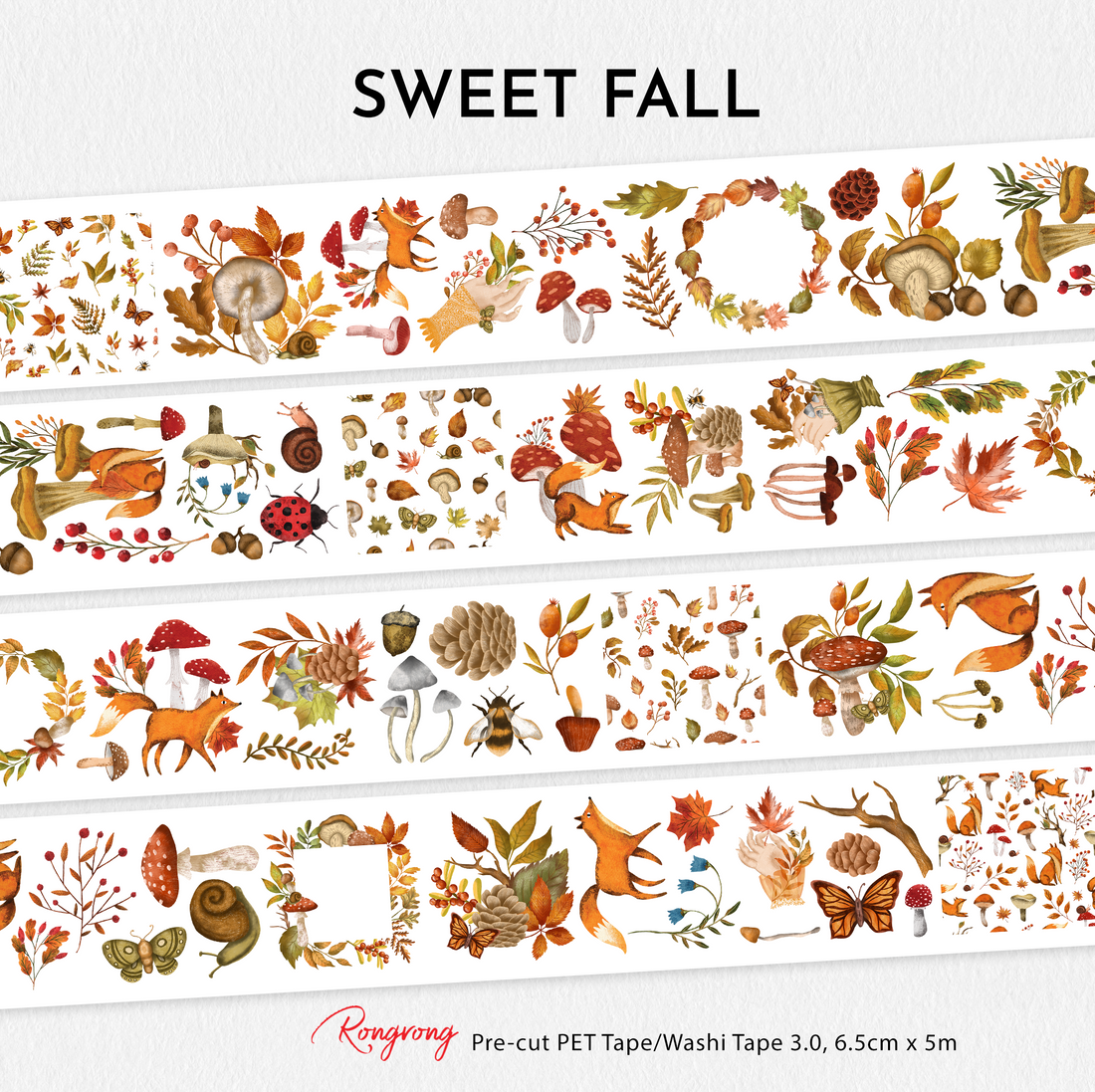 Full preview of the Sweet Fall Pre-cut PET Tape featuring woodland foxes, mushrooms, autumn leaves, acorns, butterflies, pinecones, snails, and cozy forest-inspired fall illustrations in warm earthy tones.