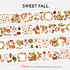 Full preview of the Sweet Fall Pre-cut PET Tape featuring woodland foxes, mushrooms, autumn leaves, acorns, butterflies, pinecones, snails, and cozy forest-inspired fall illustrations in warm earthy tones.