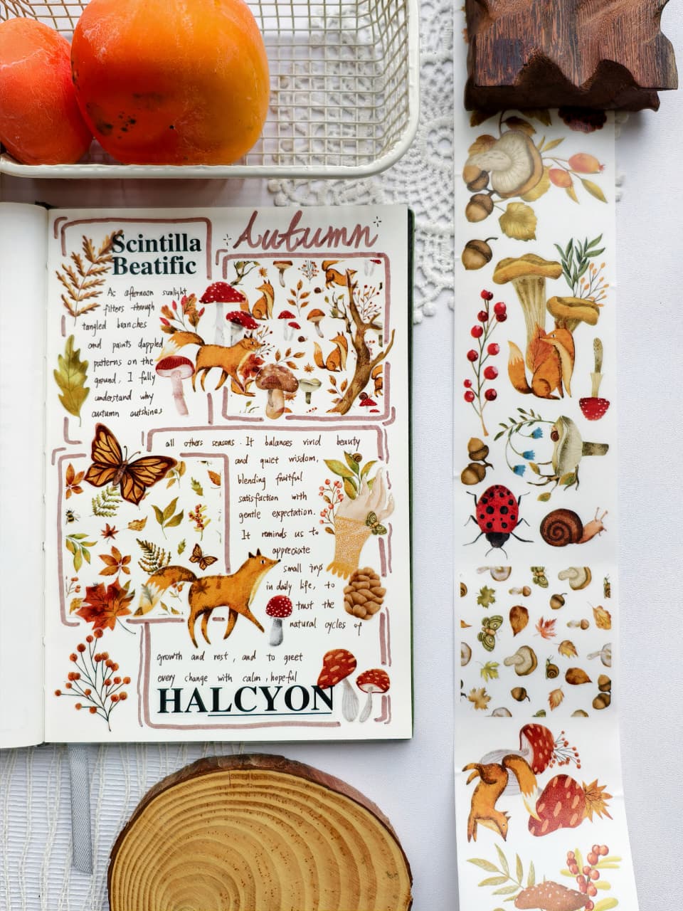 Cozy autumn journal spread decorated with Sweet Fall Washi Tape featuring watercolor foxes, mushrooms, butterflies, woodland foliage, acorns, berries, and warm seasonal illustrations in earthy autumn colors.