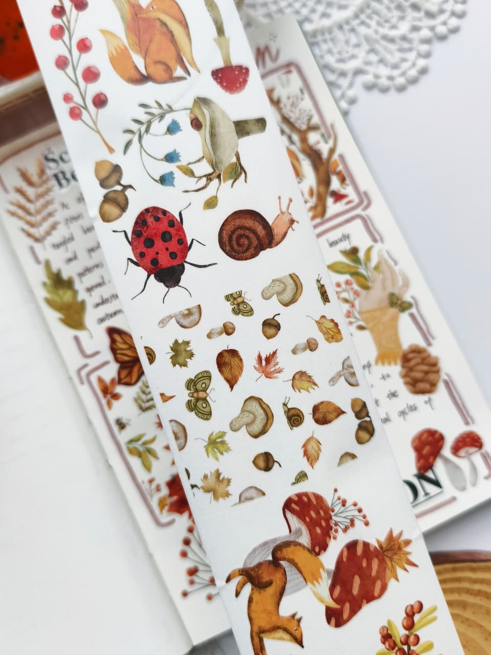 Detailed view of Sweet Fall Washi Tape showcasing tiny woodland motifs including mushrooms, acorns, autumn leaves, butterflies, foxes, snails, ladybugs, berries, and watercolor forest accents.