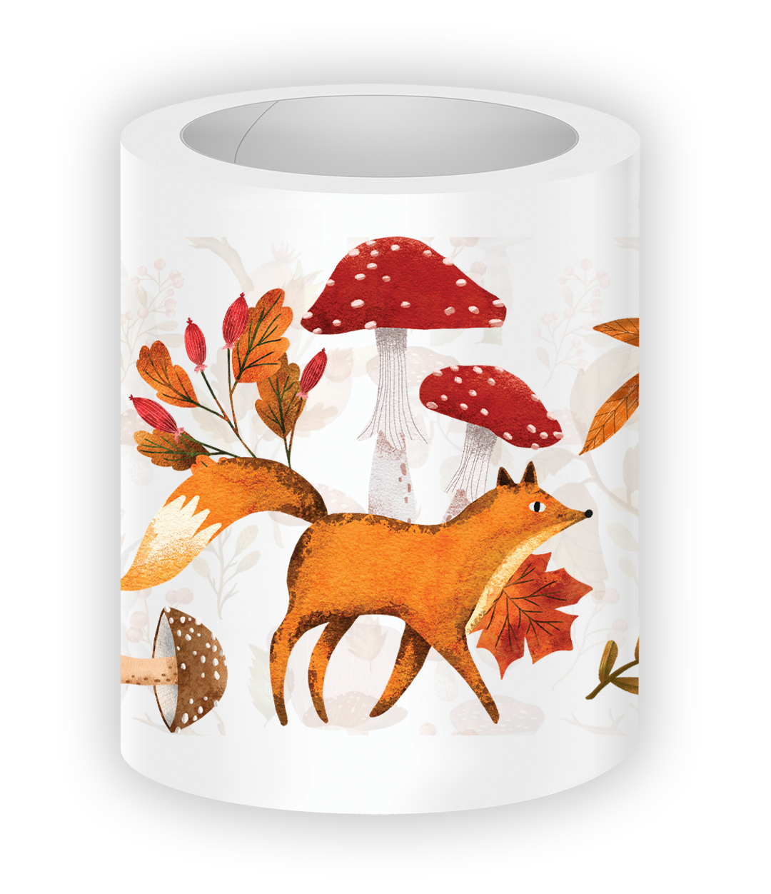 Close-up illustration from the Sweet Fall PET Tape featuring an orange fox surrounded by red mushrooms, autumn leaves, and woodland nature elements in a whimsical fall style.