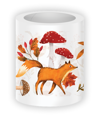 Close-up illustration from the Sweet Fall PET Tape featuring an orange fox surrounded by red mushrooms, autumn leaves, and woodland nature elements in a whimsical fall style.