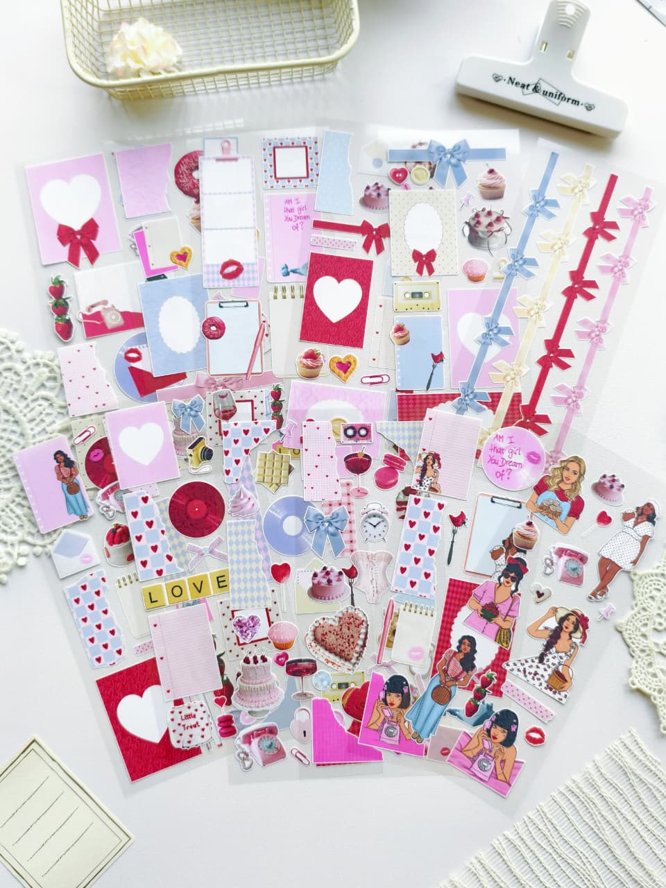Collection of decorative stickers with various designs on a white surface.