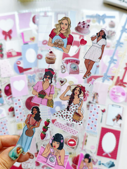 Collection of illustrated stickers featuring women in various poses and outfits.