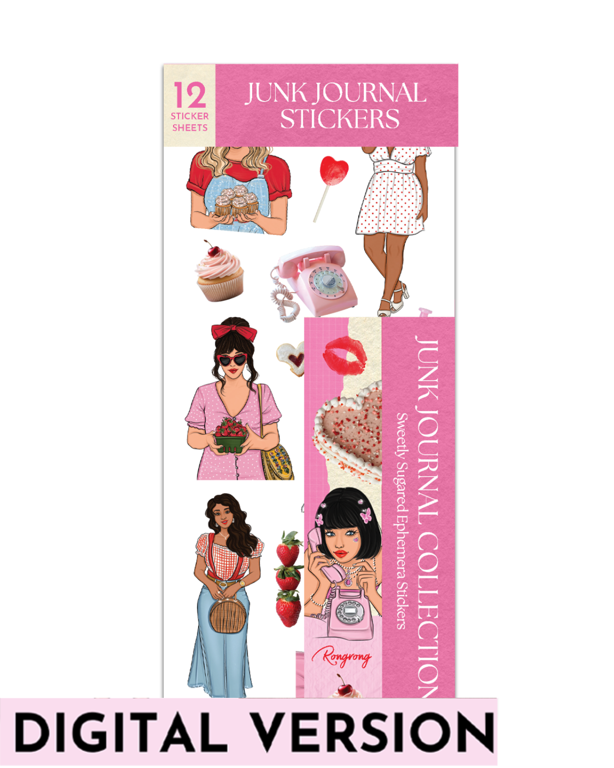 Sweetly Sugared Ephemera Sticker Sheet Set featuring feminine fashion illustrations, strawberries, cupcakes, heart-shaped lollipops, vintage pink telephones, sweet treats, bows, retro-inspired accents, and playful pink journaling stickers for planners, scrapbooks, and junk journals.