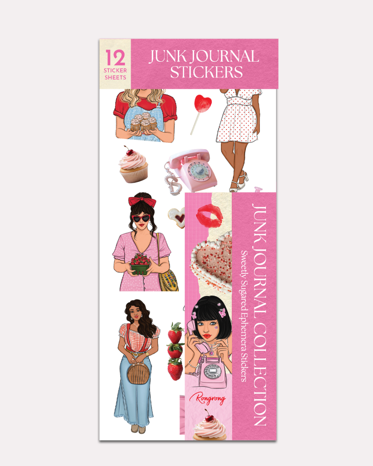 Sweetly Sugared Ephemera Sticker Sheet Set featuring feminine fashion illustrations, strawberries, cupcakes, heart-shaped lollipops, vintage pink telephones, sweet treats, bows, retro-inspired accents, and playful pink journaling stickers for planners, scrapbooks, and junk journals.