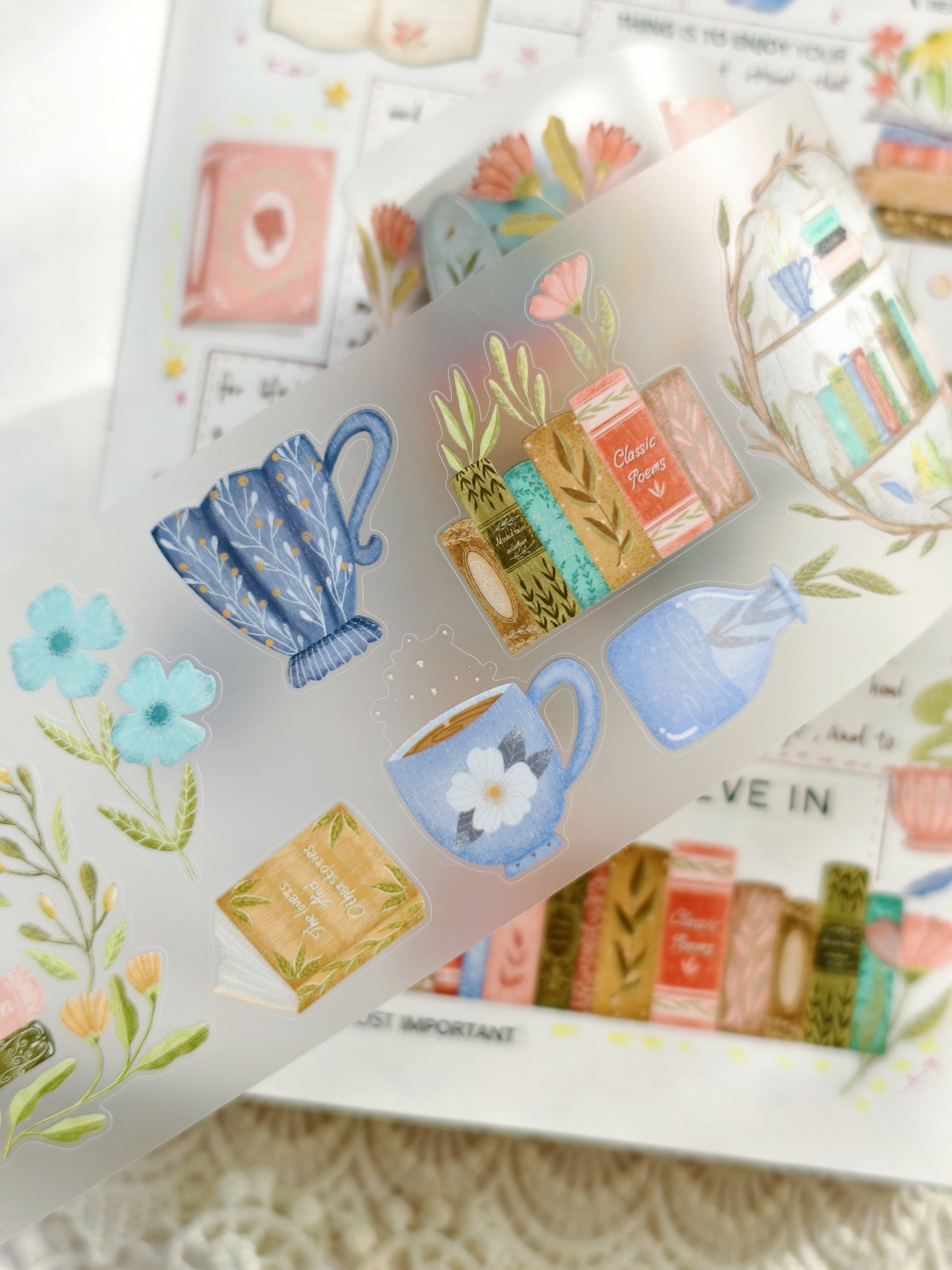 Literary themed planner tape with novels and cozy decor