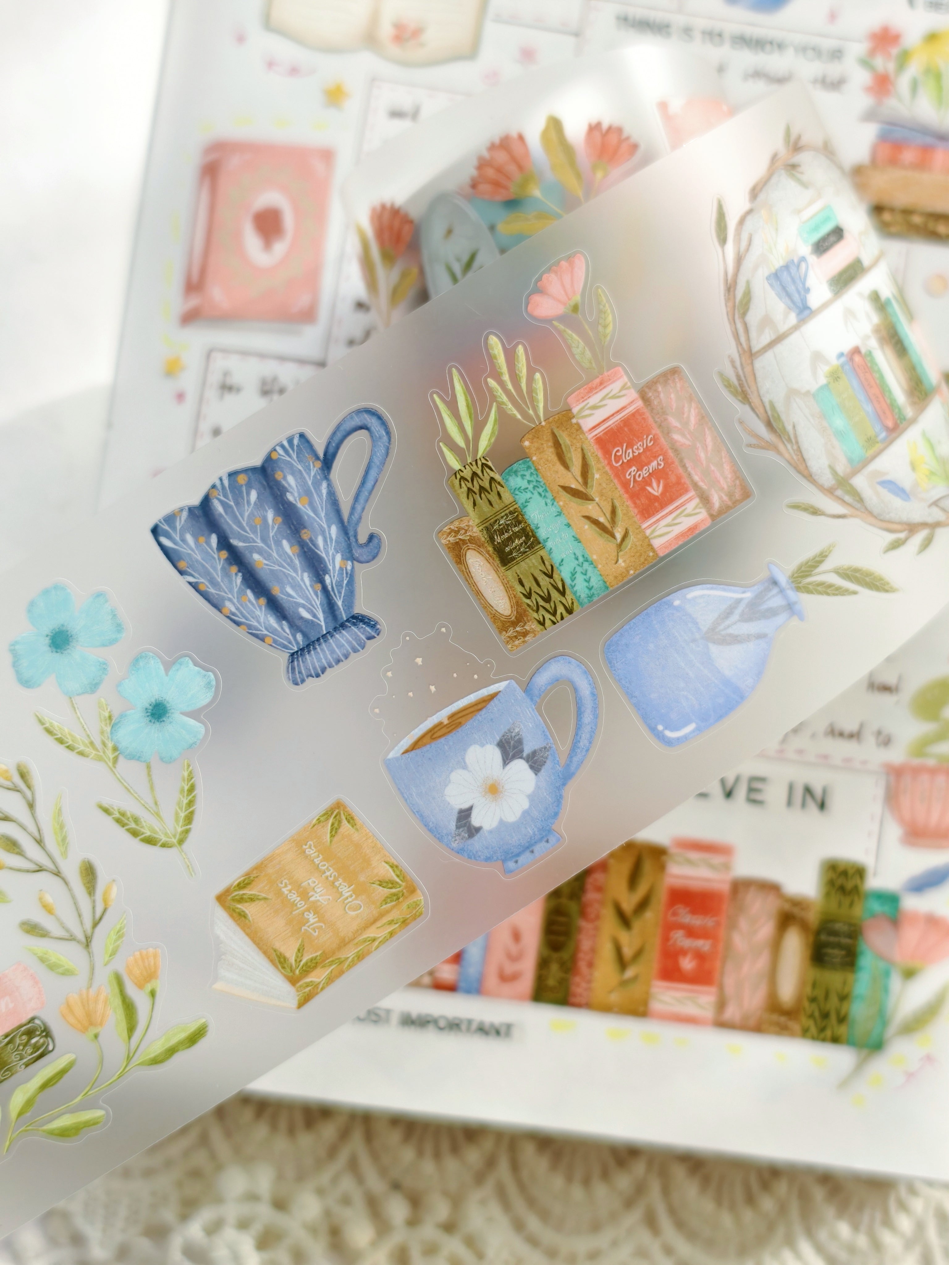 Literary themed planner tape with novels and cozy decor