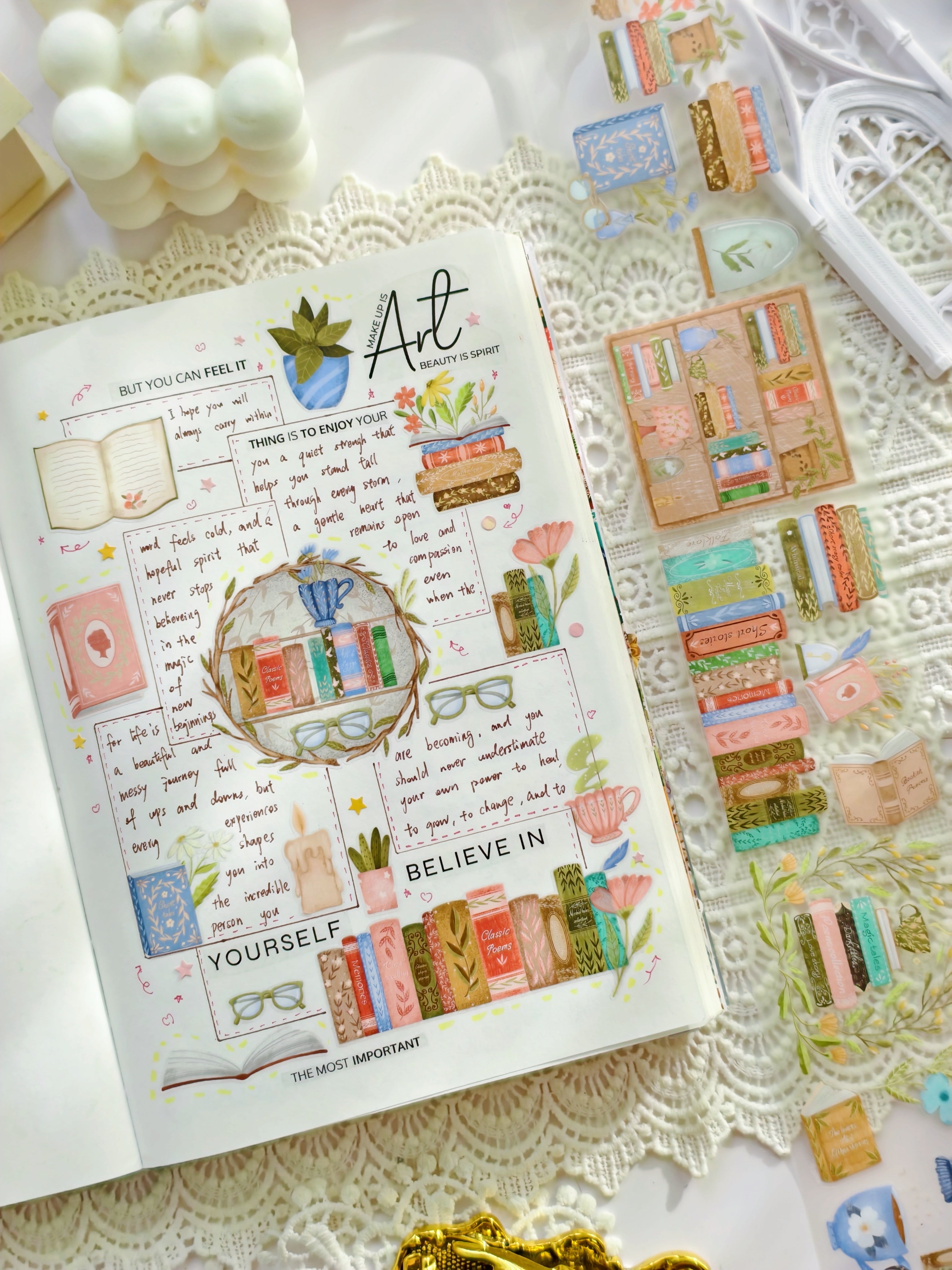 Book themed pre-cut PET tape with cozy library and reading elements