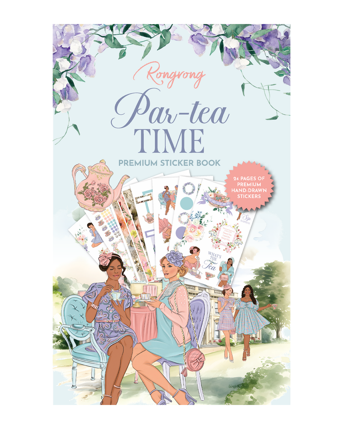 Sticker book cover showcasing whimsical tea party illustrations with pastel colors and gold accents.