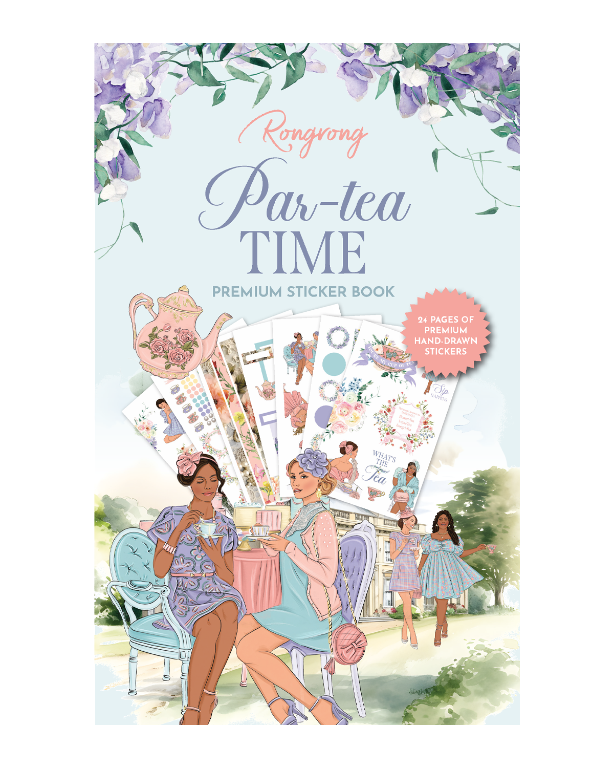 Sticker book cover showcasing whimsical tea party illustrations with pastel colors and gold accents.