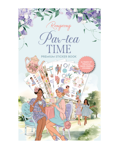 Sticker book cover showcasing whimsical tea party illustrations with pastel colors and gold accents.