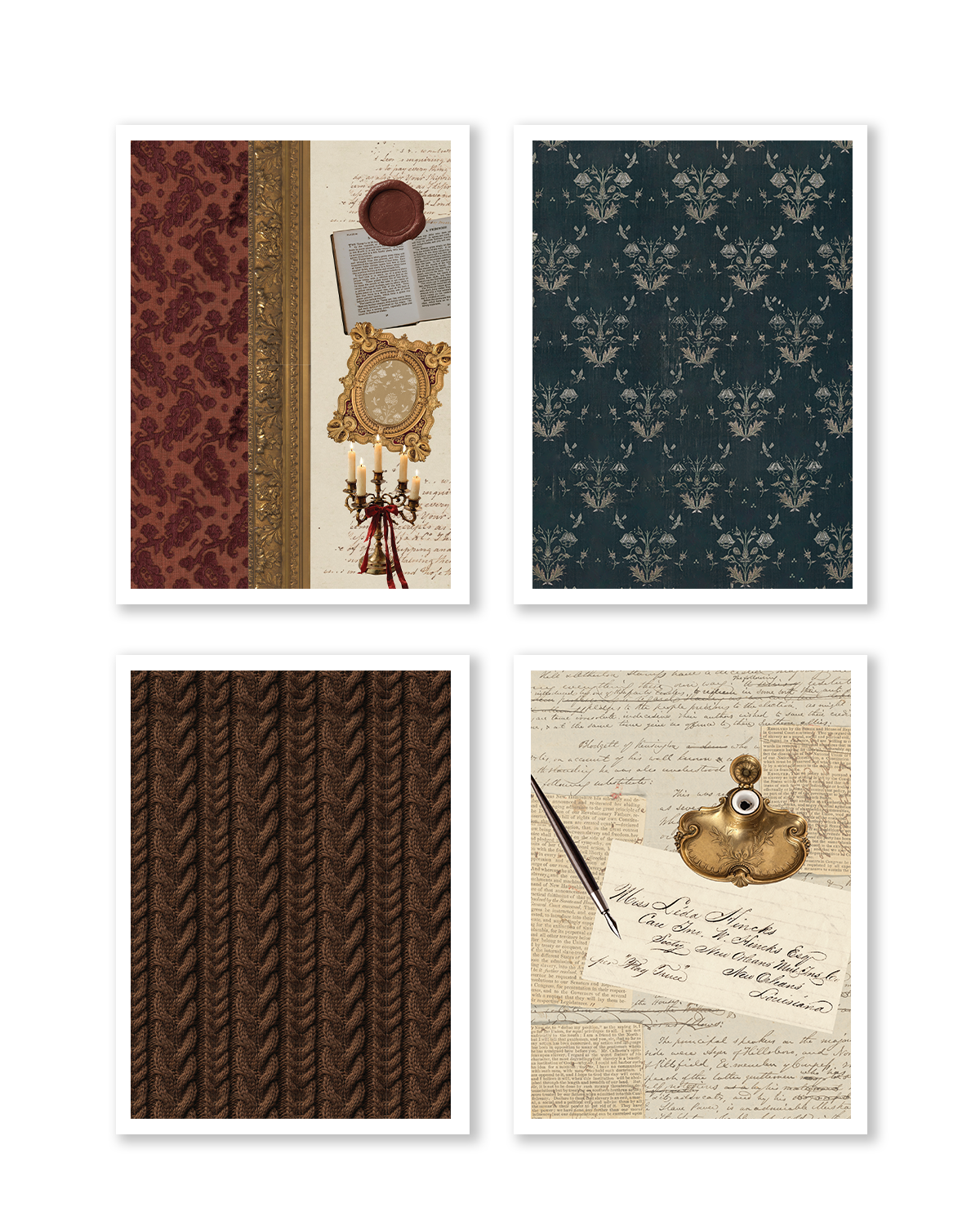 Four vertical art prints arranged in a 2x2 grid on a white background. The prints feature vintage-inspired designs: a rust red damask pattern with an open book and candle motif, a dark teal floral damask pattern, a dark brown ribbed knit texture, and a beige script background with a gold inkwell and pen.