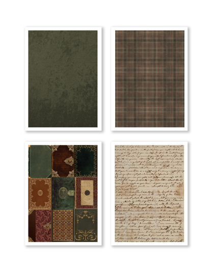 Four framed art prints arranged in a 2x2 grid on a white background. The top-left print shows a dark textured green surface, the top-right shows a brown and beige plaid pattern, the bottom-left shows a collage of vintage book covers in warm tones, and the bottom-right shows an antique handwritten script on aged paper.