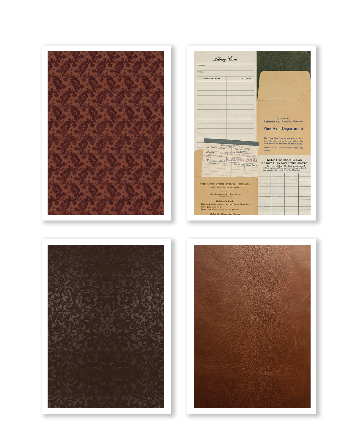 Four square sample cards arranged in a 2x2 grid on a white background. The top-left card shows a dark reddish-brown damask pattern.