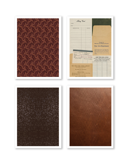 Four square sample cards arranged in a 2x2 grid on a white background. The top-left card shows a dark reddish-brown damask pattern.