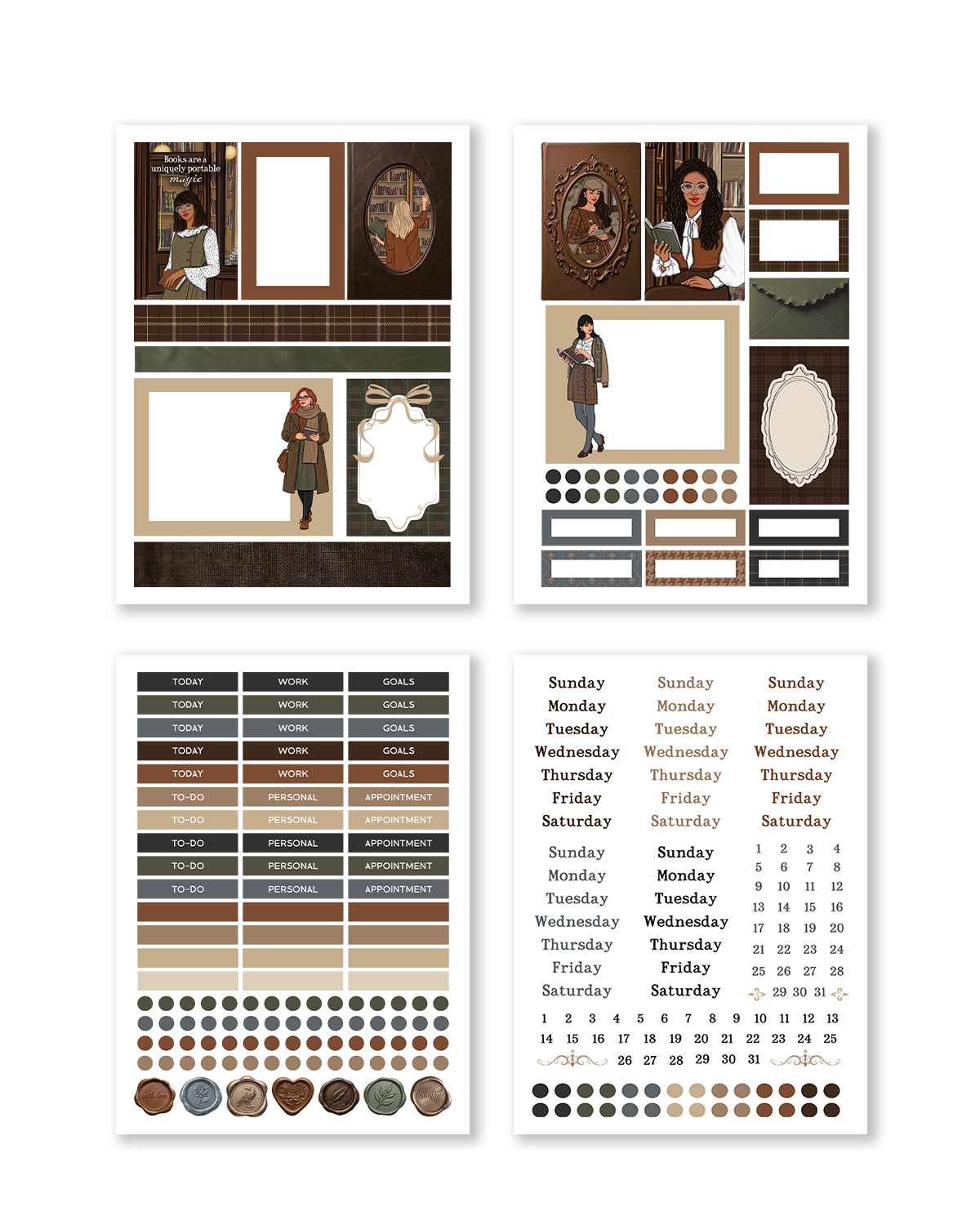 Four decorative sticker sheets with vintage-style illustrations, weekday labels, and color swatches arranged on a white background.