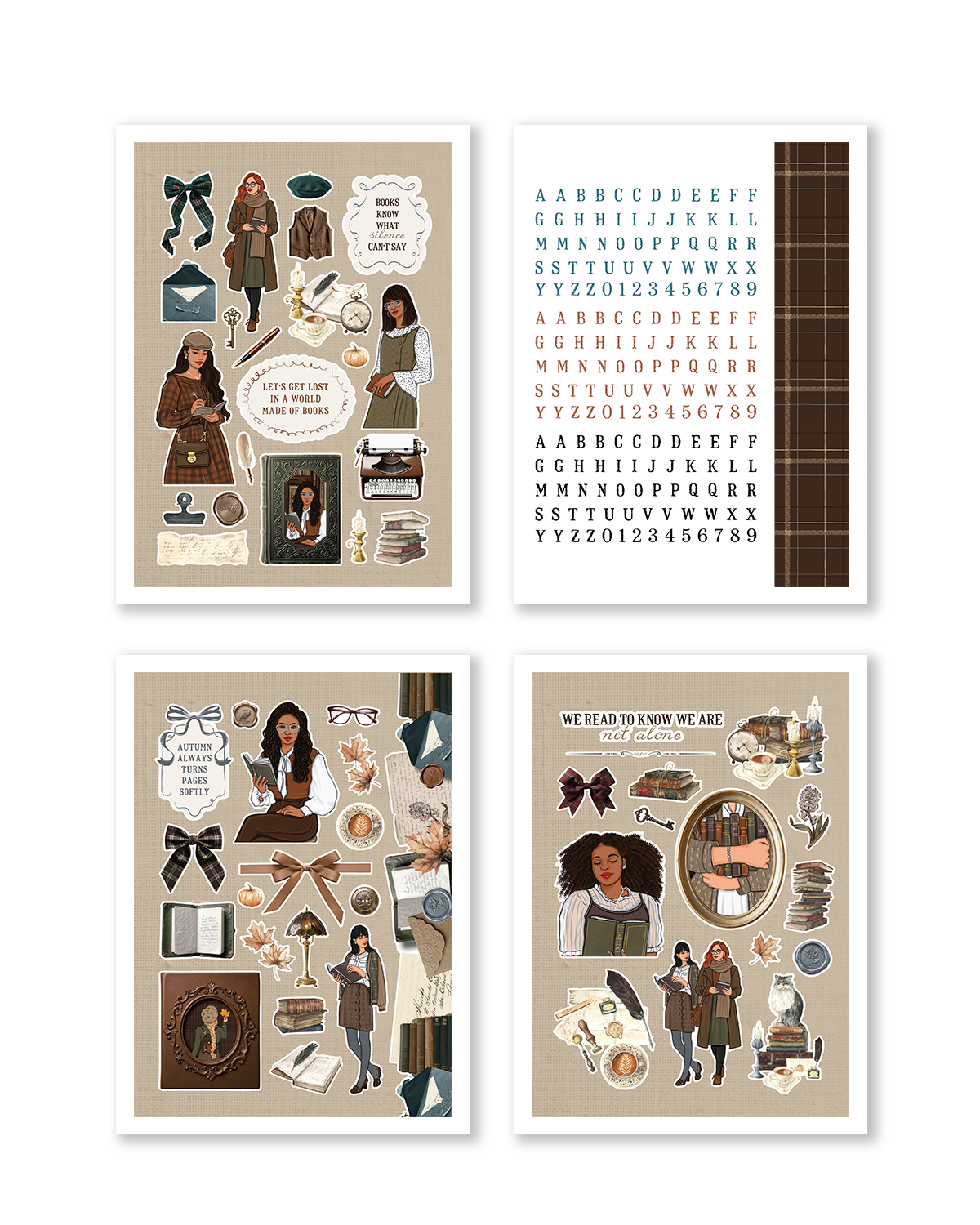 Four illustrated print cards on a white background. The designs feature vintage-style characters, books, notebooks, bows, and typography, including a decorative alphabet section and a portrait collage.