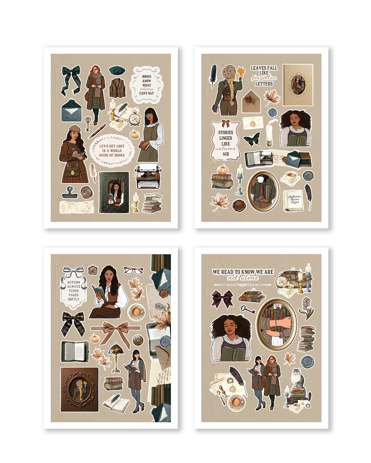 Four framed art prints, each featuring illustrated characters in vintage clothing with books, notebooks, bows, and other literary-themed objects on a beige background.