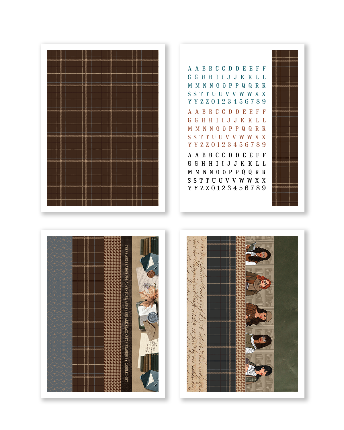 Four framed art prints in a grid on a white background. The prints feature brown plaid patterns, typography with the word 'PLAID', and photographic scenes of people in plaid clothing and environments.