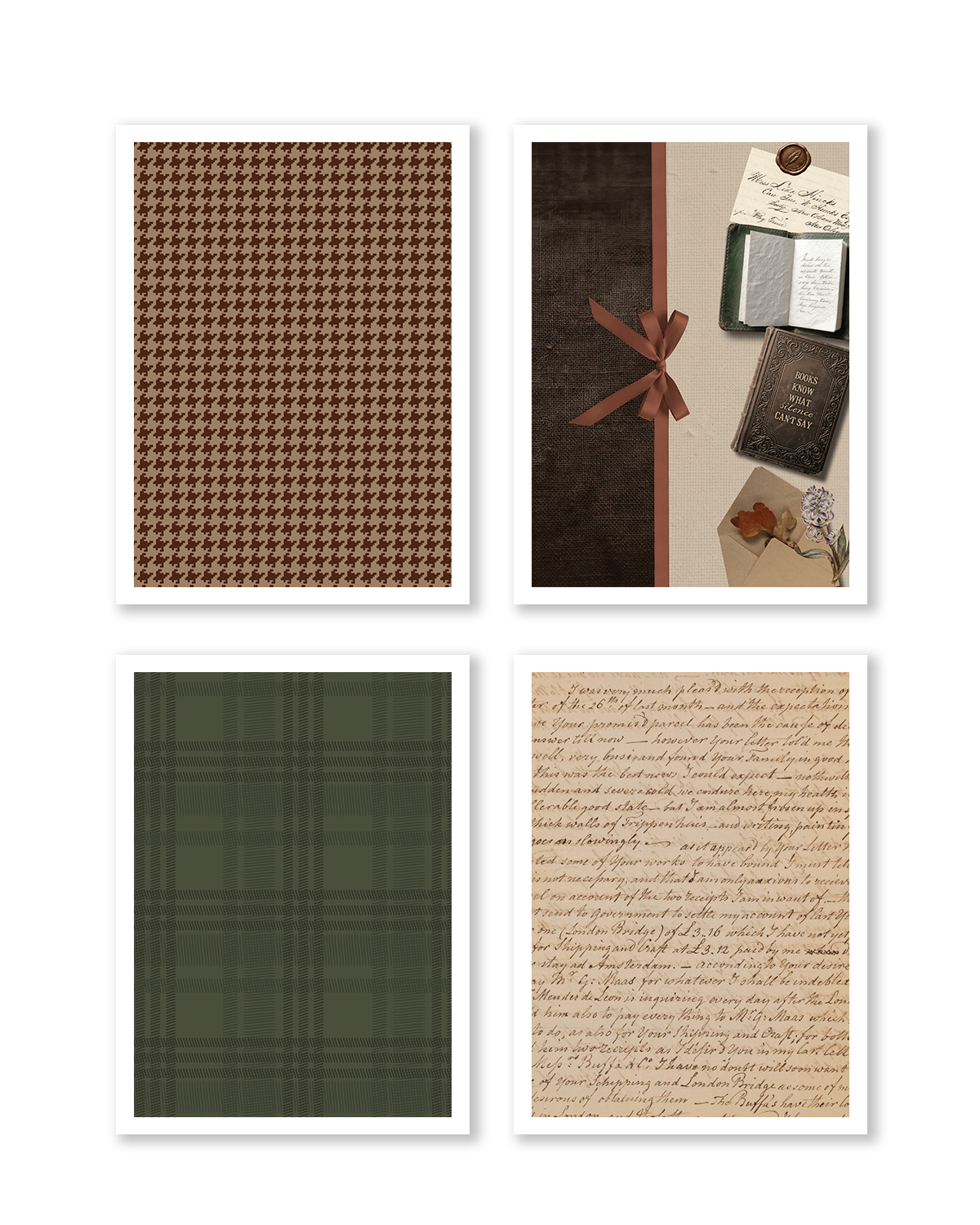 Four vintage-style on a white background. The top-left card shows a brown houndstooth pattern; the top-right card features a sepia-toned collage with a ribbon, book, and letter, the bottom-left card has an olive green plaid pattern, and the bottom-right card shows cursive handwriting on aged paper.