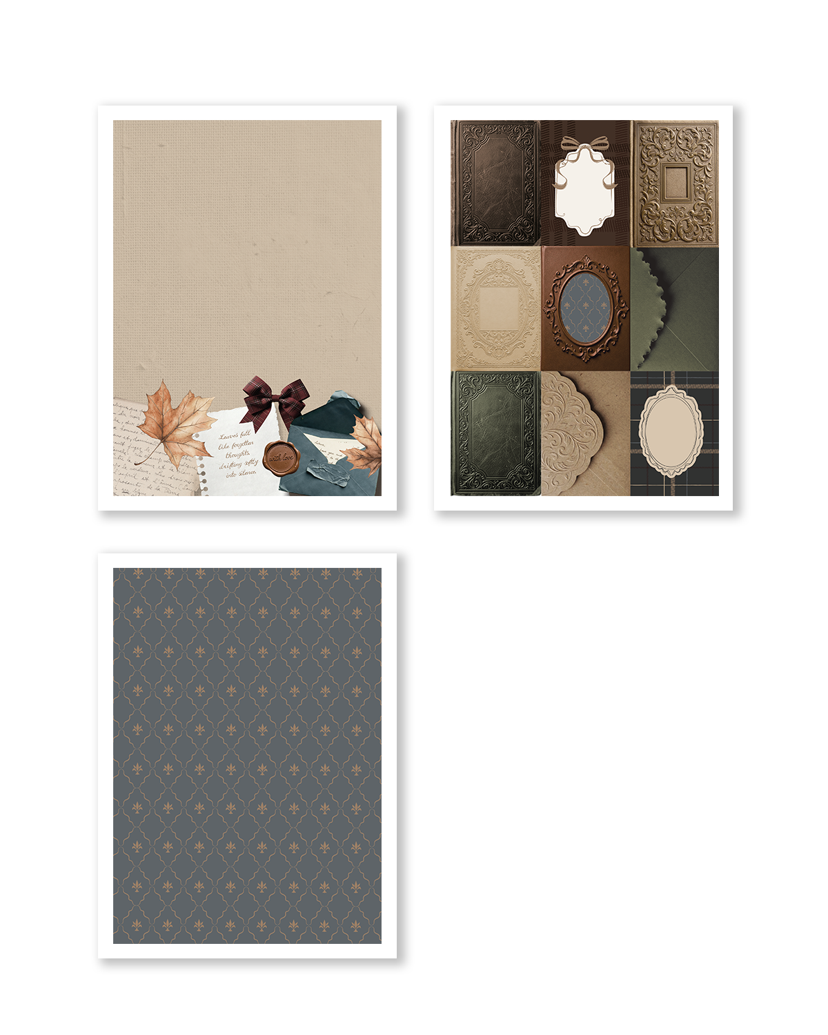Three framed decorative art prints on a white background: one vertical beige print with autumn leaves and a bow, one square collage of vintage-style frames and textures, and one gray print with a repeating geometric pattern.