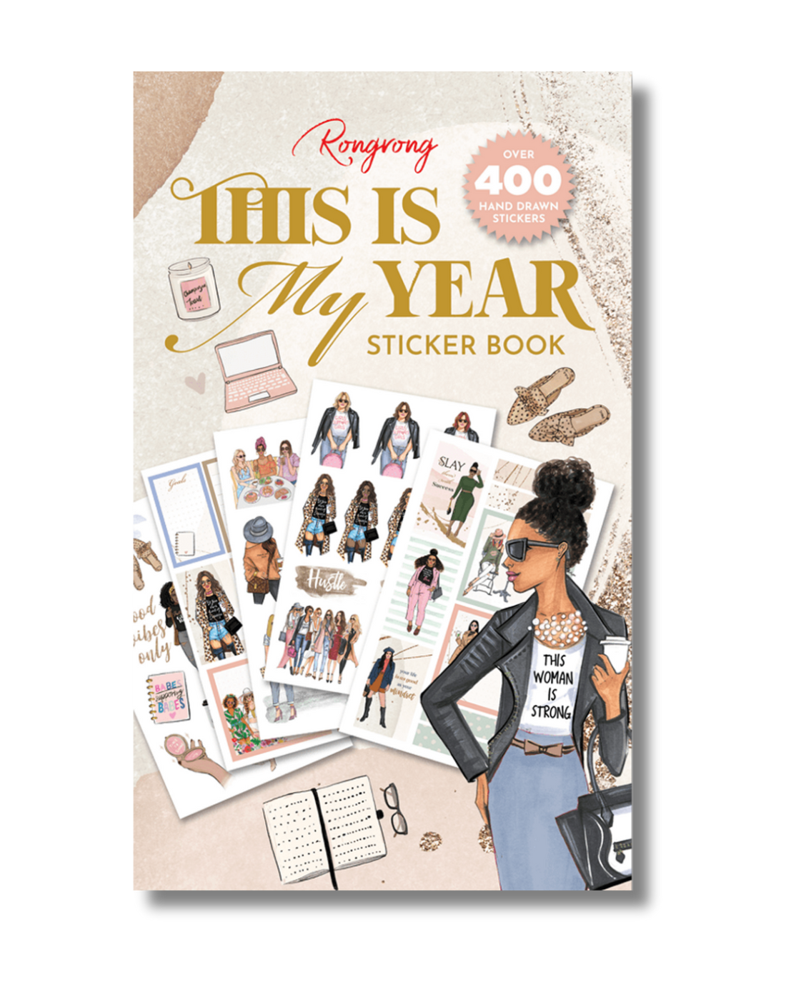 Sticker book cover with illustrations and text on a white background