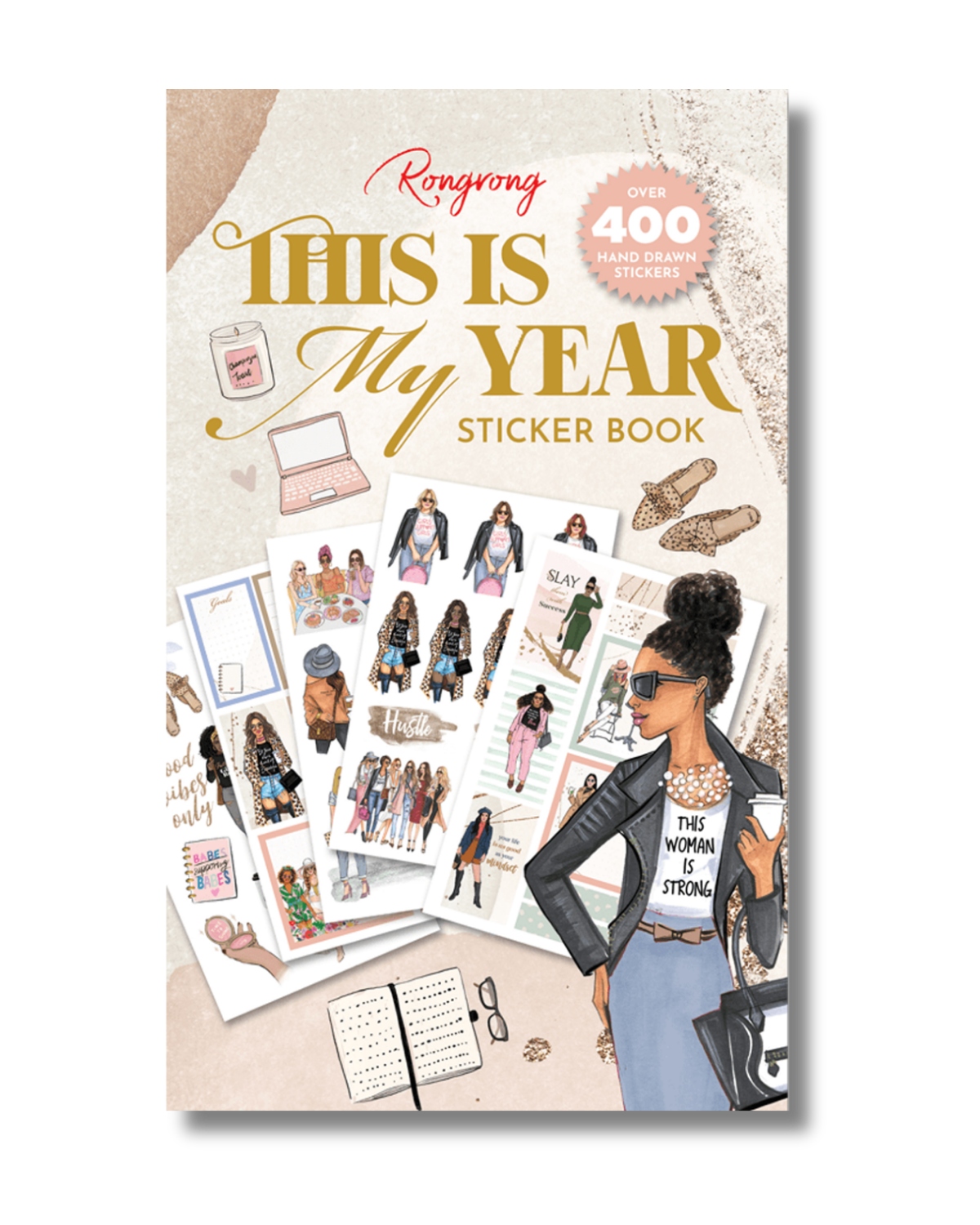 Sticker book cover with illustrations and text on a white background