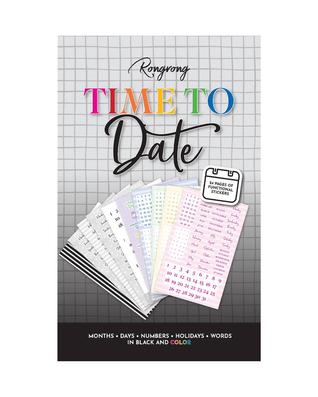 Sticker book cover featuring colorful illustrations of calendars, clocks, and playful date-themed designs.