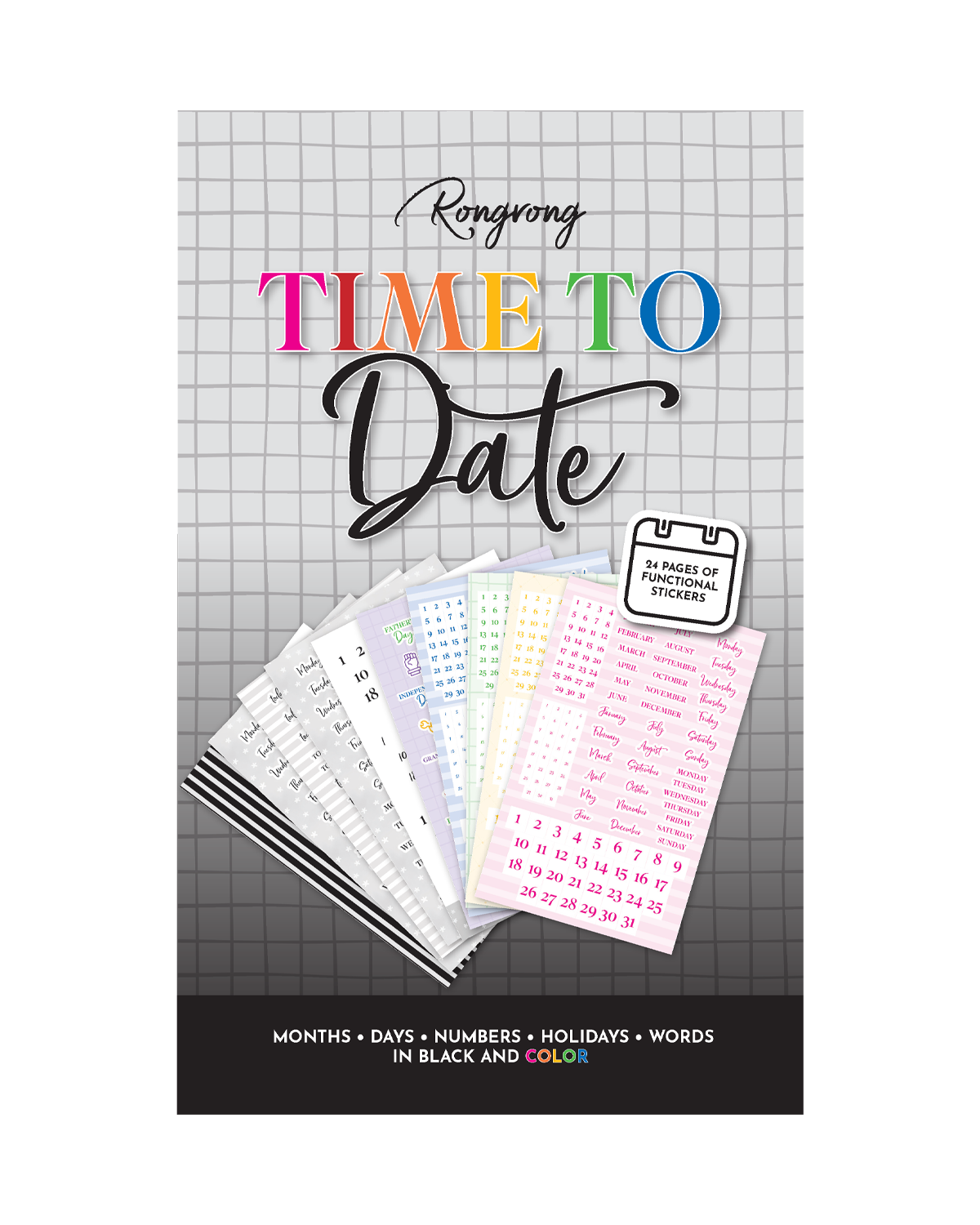 Sticker book cover featuring colorful illustrations of calendars, clocks, and playful date-themed designs.