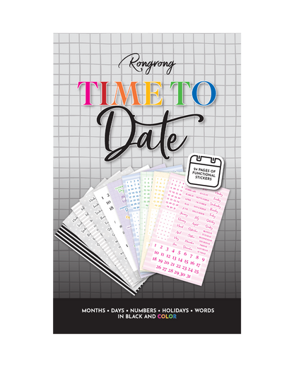 Sticker book cover featuring colorful illustrations of calendars, clocks, and playful date-themed designs.