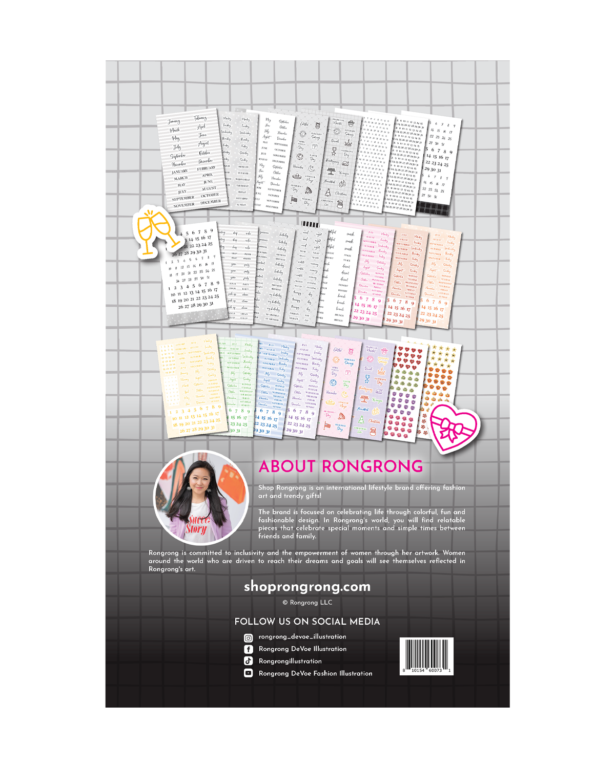 Back cover displaying product details and a preview of included sticker designs with a whimsical layout.