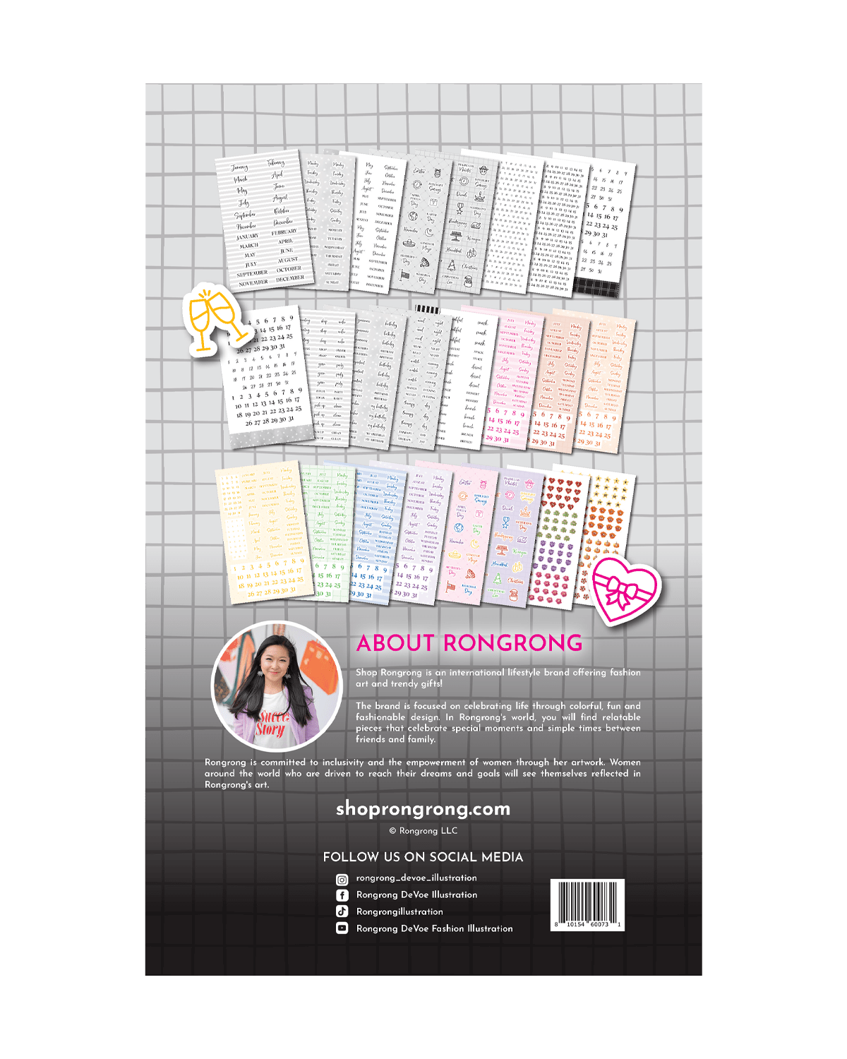 Back cover displaying product details and a preview of included sticker designs with a whimsical layout.