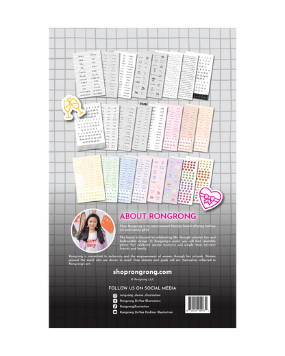 Back cover displaying product details and a preview of included sticker designs with a whimsical layout.