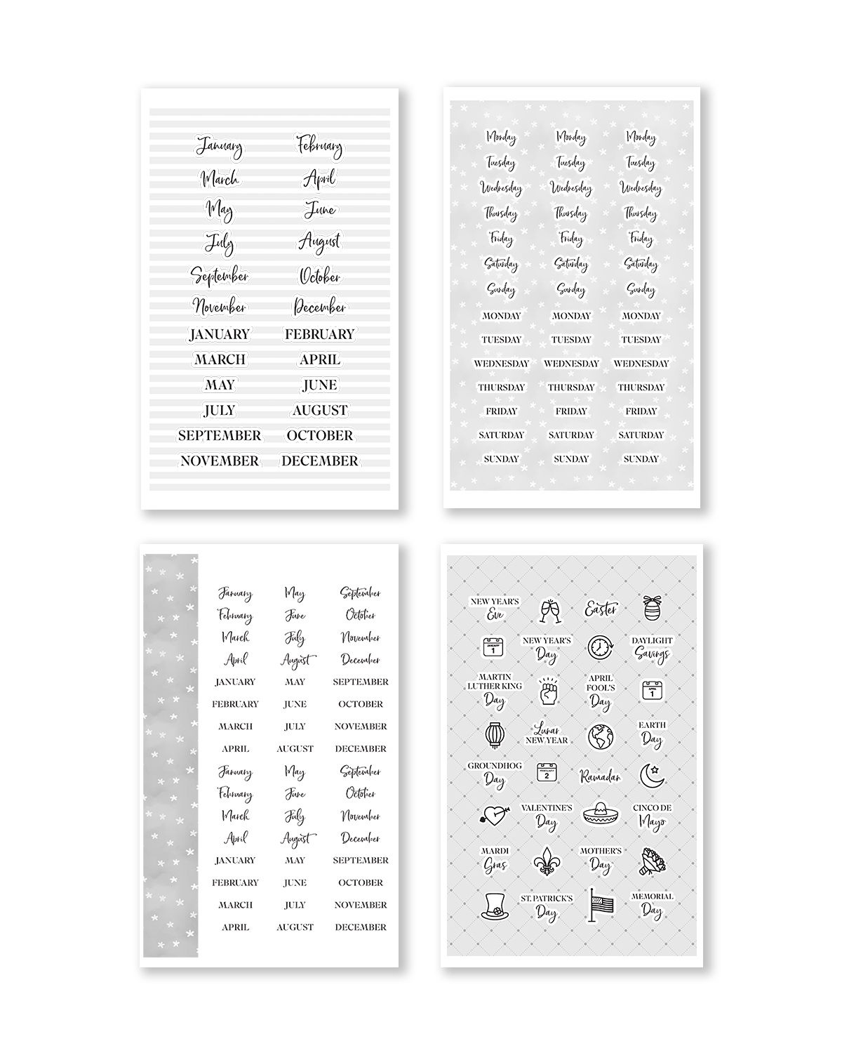 Set of four black and white prints with calendar designs and text.