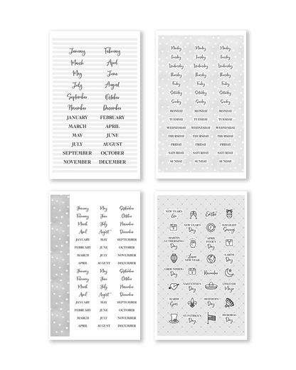 Set of four black and white prints with calendar designs and text.