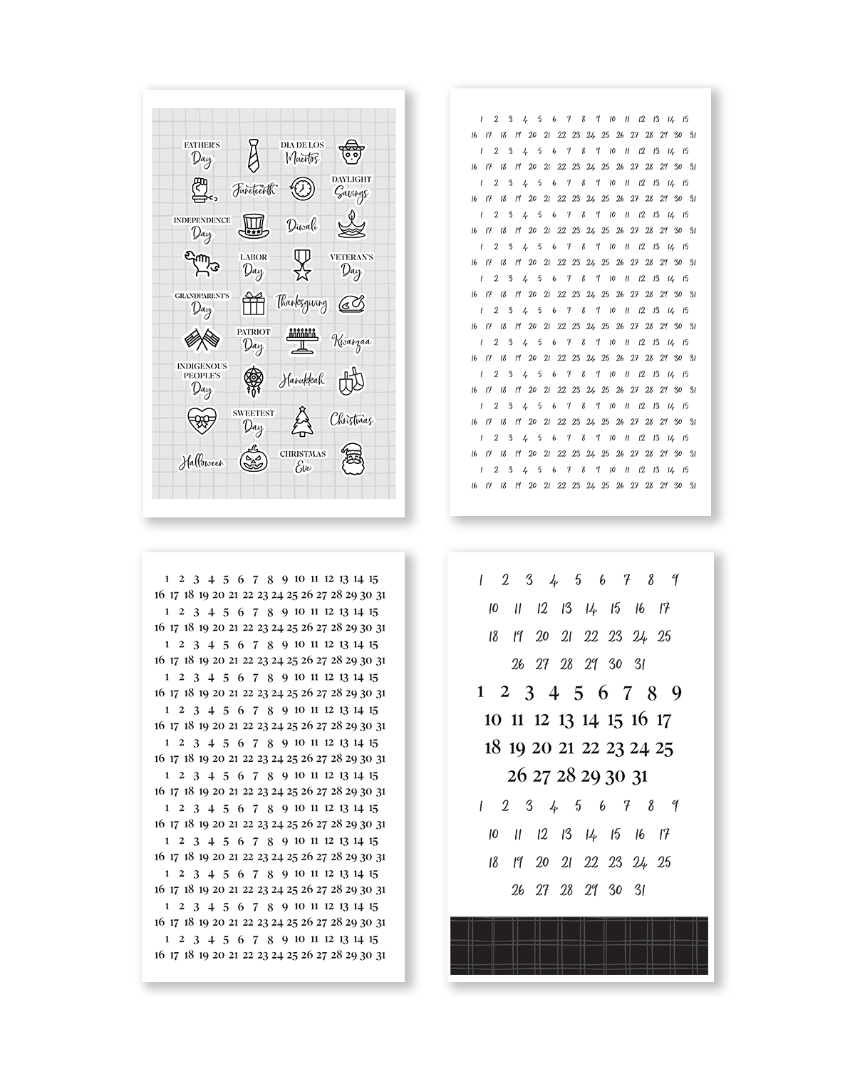 Set of four black and white calendars on a white background