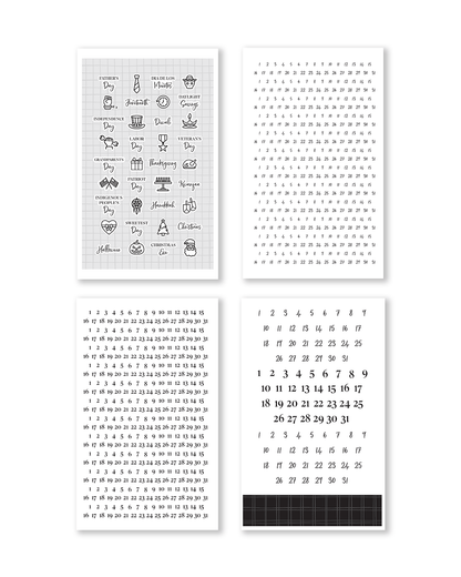 Set of four black and white calendars on a white background