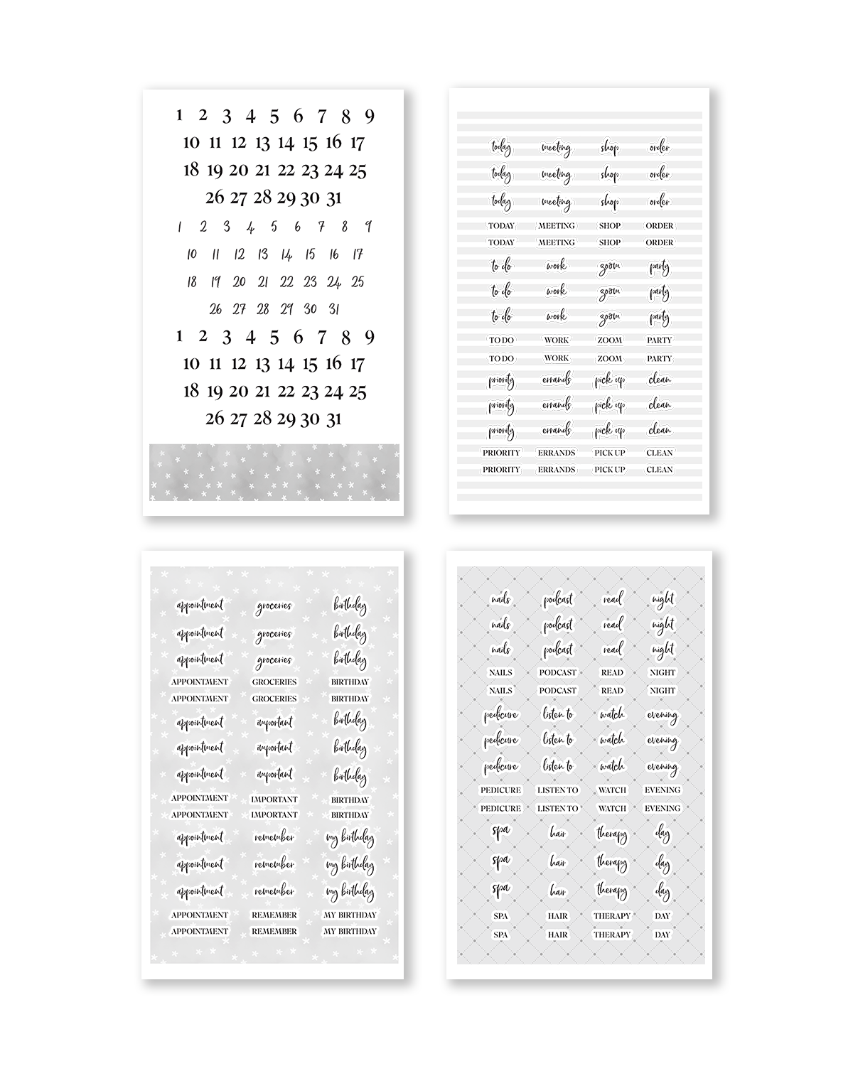Set of four black and white prints with calendar and text designs on a white background