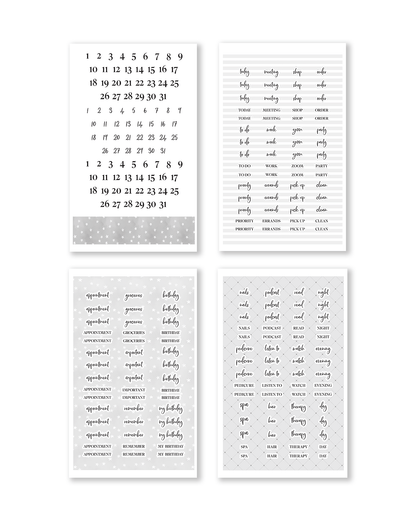 Set of four black and white prints with calendar and text designs on a white background