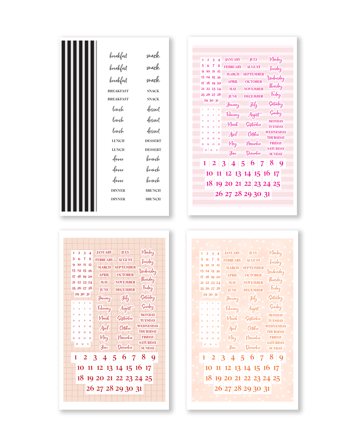 Four calendar sheets with different designs on a white background